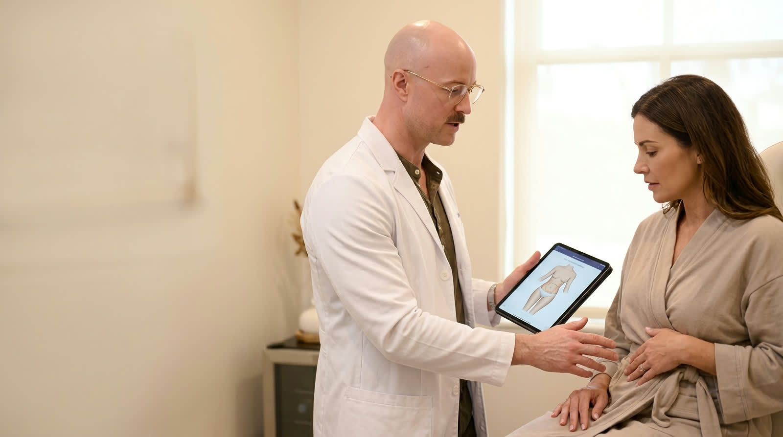 Dr. Piazza reviewing a Mommy Makeover surgical plan with a patient